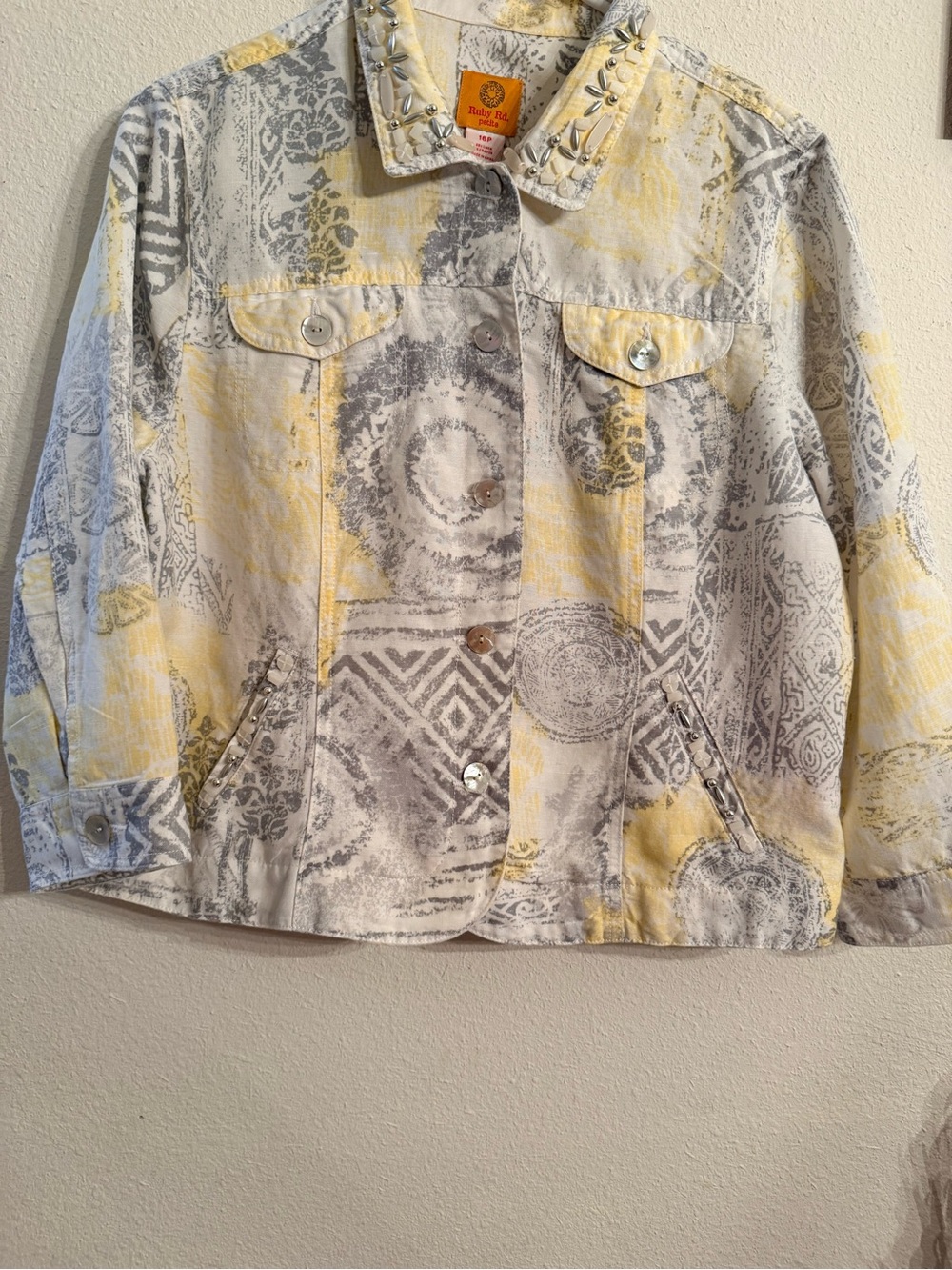 Ruby Rd. Yellow & Gray Patterned Button-Front Jean Jacket - Picture 3 of 5